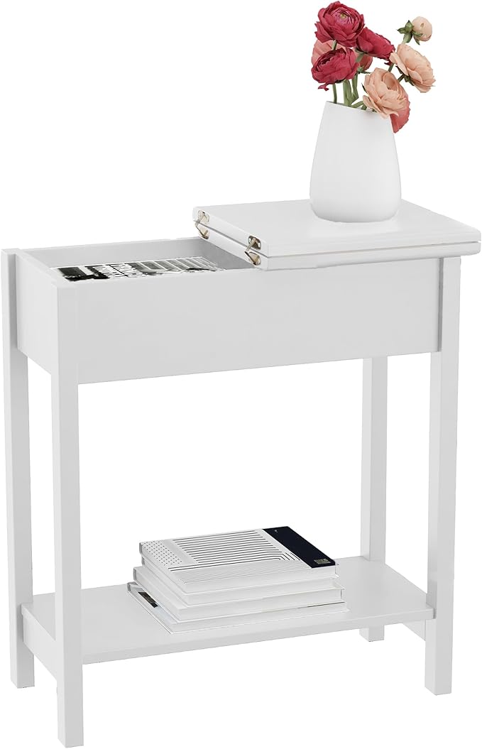 Lavish Home Flip-Top End Table - Slim Side Console with Hidden Hinged Storage Compartment and Lower Shelf - For Living Room or Hallway Use (White)