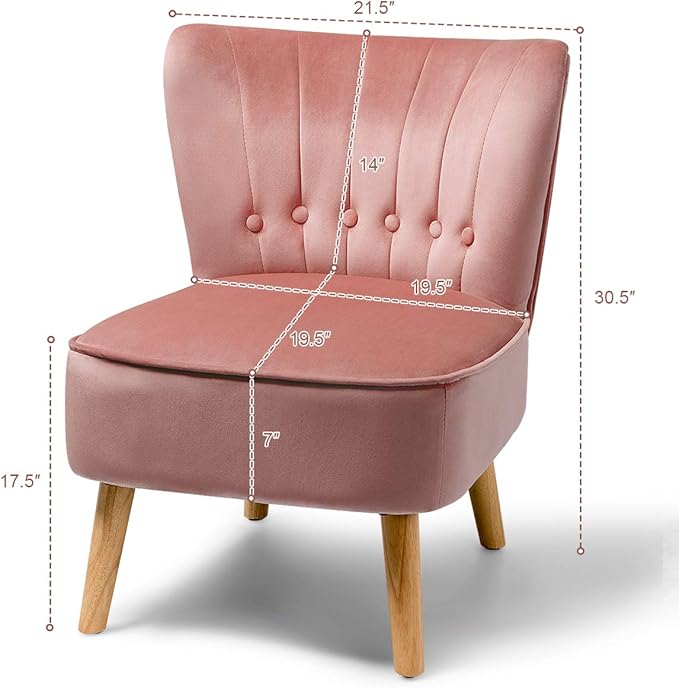 Giantex Modern Velvet Accent Chair, Small Upholstered Leisure Sofa Chair w/Wood Legs, Thickly Padded and Button Tufted, Armless Wingback Club Chairs for Living Room Bedroom Furniture (1, Pink)