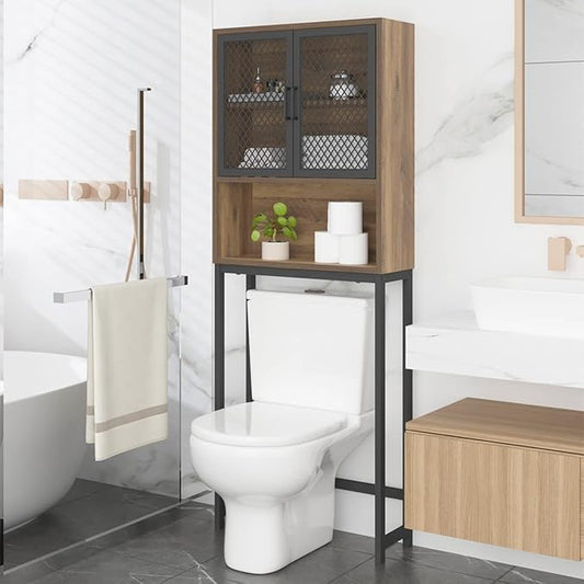 Launica Bathroom Organizer Over Toilet, Over The Toilet Storage Cabinet, Wood Metal Bathroom Space Saver Stand Behind Toilet, Industrial Freestanding Rack Above Toilet Wtih Shelf, Rustic Oak