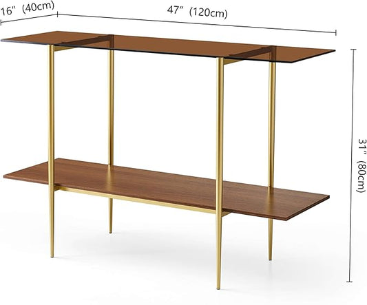 Extra Large Glass Console Table for Living Room, Foyer & Entrance, L47 x W16 x H31, Mid-Century Modern Sofa Table with Amber Glass Top, Walnut Finish Wood Top and Gold Finish Metal Frame