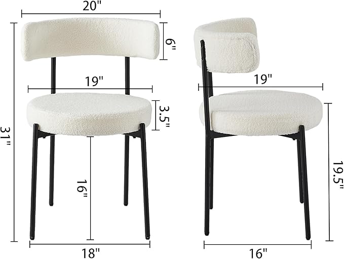 Honyee White Dining Chairs, Modern Dining Chairs Set of 2, Teddy Fleece Round Cushion Dining Room Chairs, Curved Backrest Dining Chairs with Black Metal Legs (White, 2Pcs)