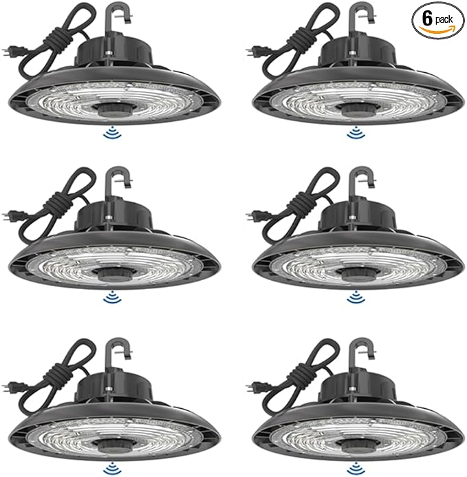 HYPERLITE 150W Smart High Bay LED Shop Lights 6pack, 140LM/W 5000K LED High Bay Lights with 1pack Remote Control & 6pack Motion Sensor, 120-277V high Bay LED Lighting for Garage Workshop Gym