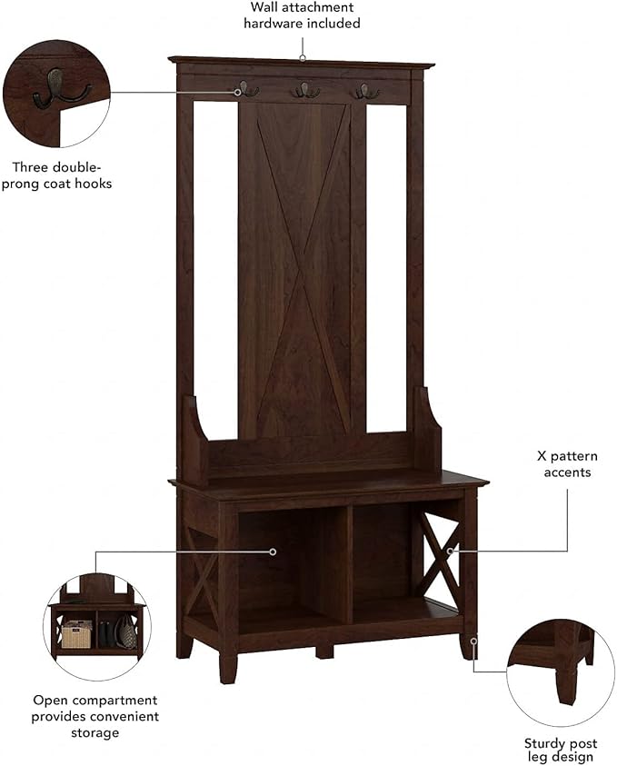 Bush Home Key West Hall Tree with Shoe Storage Bench in Bing Cherry, Entryway Organizer for Home, Multi-Purpose Storage Solution with Seating and Hooks