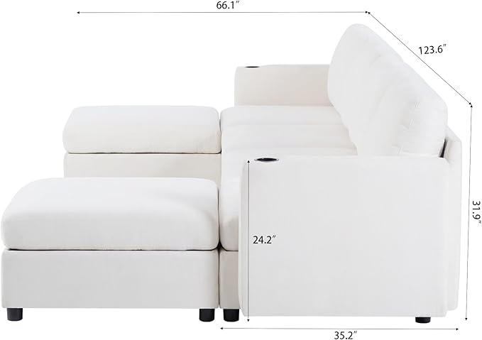 Ball & Cast 123" Large Sleeper Sectional Sofa Bed with Full Storage Seats,Corner Spacious Cloud Sofa W/Ottoman,Flexible Combination,Oversize 6 Piece Cozy Modular Chaise for LivingRoom,White Chenille