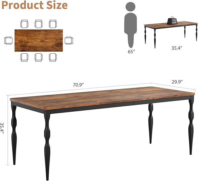 Garvee 71-Inch Modern Farmhouse Dining Table, Large Rectangular Kitchen Table for 6-8 People, Sturdy Wood Top with Unique Legs, Scratch-Resistant Dining Room Furniture for Party, Big Family, Brown