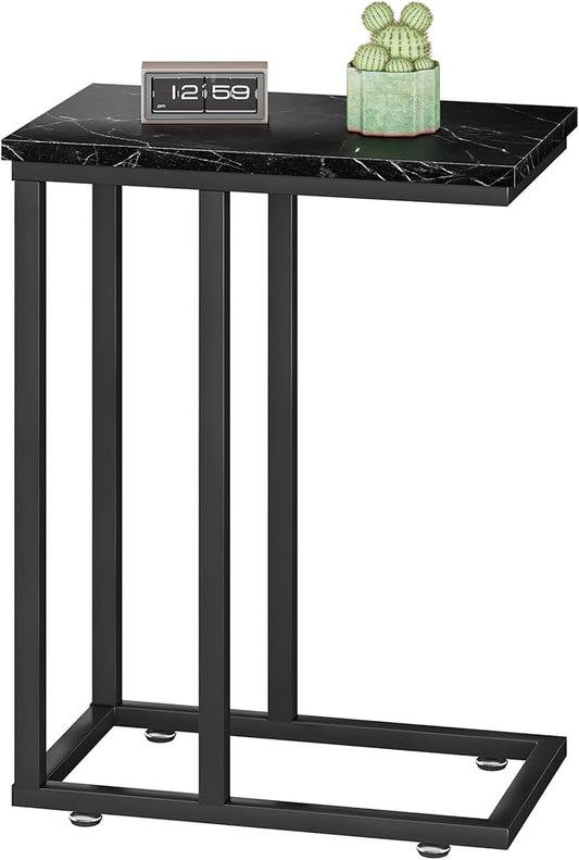 VECELO Universal C-Shaped Side Table, Multi-Functional Snack & TV Tray for Living Room, Bedroom, Black Marble (1 Set)