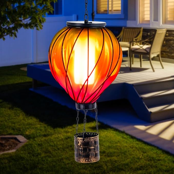 Colorful Solar Hot Air Balloon Lantern with Flame Flickering, Outdoor Waterproof Hanging Light for Patio, Porch, Yard, Garden Decor