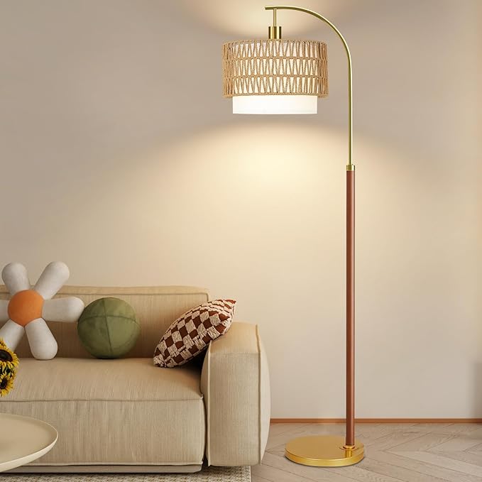 Boho Floor Lamps for Living Room Wood Floor Lamp with Remote Control,Dimmable Rattan Floor Lamps Wicker Lamp Shades Black Standing Lamp with 3 Color Temperature Tall Floor Lamp For Bedroom Corner