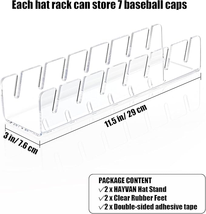 HAYVAN Hat Stand for Baseball Caps 2 Pack No Install - Acrylic Hat Holder Display and Organizer for 14 Baseball Caps for Bedroom, Closet, Dresser(Clear)