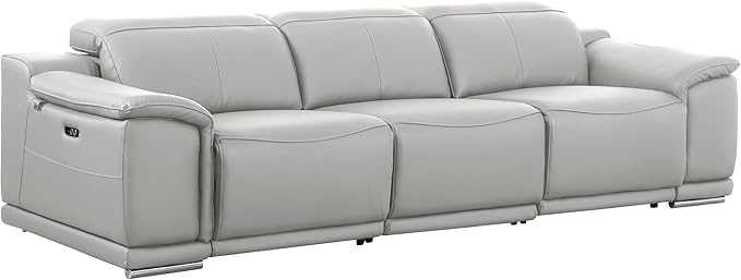 Blackjack Furniture Venice Top Grain Italian Leather Recliner 7 Seater 6 Power Reclining 3 Piece Sofa Set with Adjustable Headrests Modern Seating Sofa, Loveseat and Chair for Living Room, Light Grey