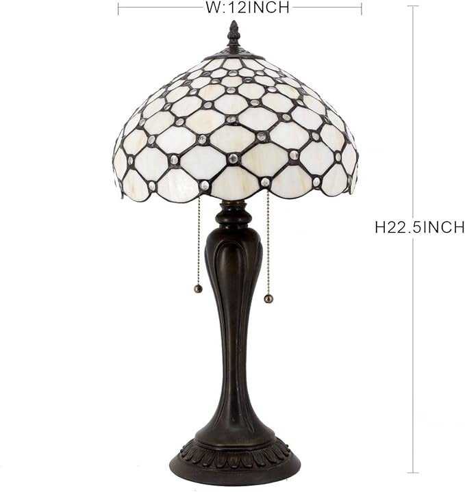 WERFACTORY Tiffany Lamp Stained Glass Table Lamp Cream Pearl Bead Style Desk Reading Light 12X12X22 Inches Decor Bedroom Living Room Home Office S005 Series