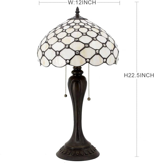 WERFACTORY Tiffany Lamp Stained Glass Table Lamp Cream Pearl Bead Style Desk Reading Light 12X12X22 Inches Decor Bedroom Living Room Home Office S005 Series