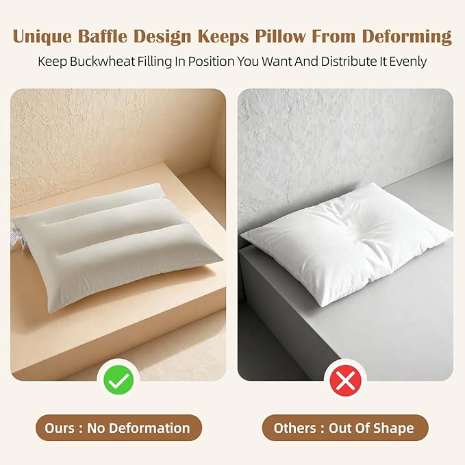 Buckwheat Pillow with Organic Cotton Pillowcase - 20''x26'' Organic Buckwheat Pillow with Baffle Box for Support, Adjustable Tartary Buckwheat Hull Pillows, Organic Buckwheat Neck Pillows
