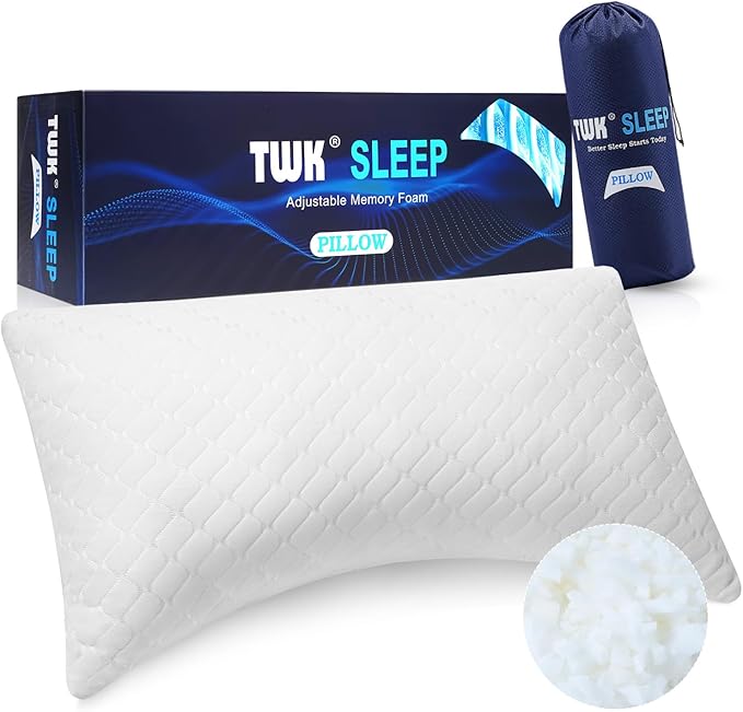 TWK Original Adjustable Bed Pillow for Sleeping, Good for Side, Back & Stomach Sleeper with Washable Removable Cover, Additional Foam Fill Included（(White, Queen Size (1 Pack))）