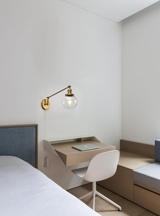 PERMO Plug in Wall Sconce Swing Arm Wall Lamp Industrial Sconce with 5.9" Glass Globe Shade Antique Gold Sconce for Bedroom, Living Room, Office
