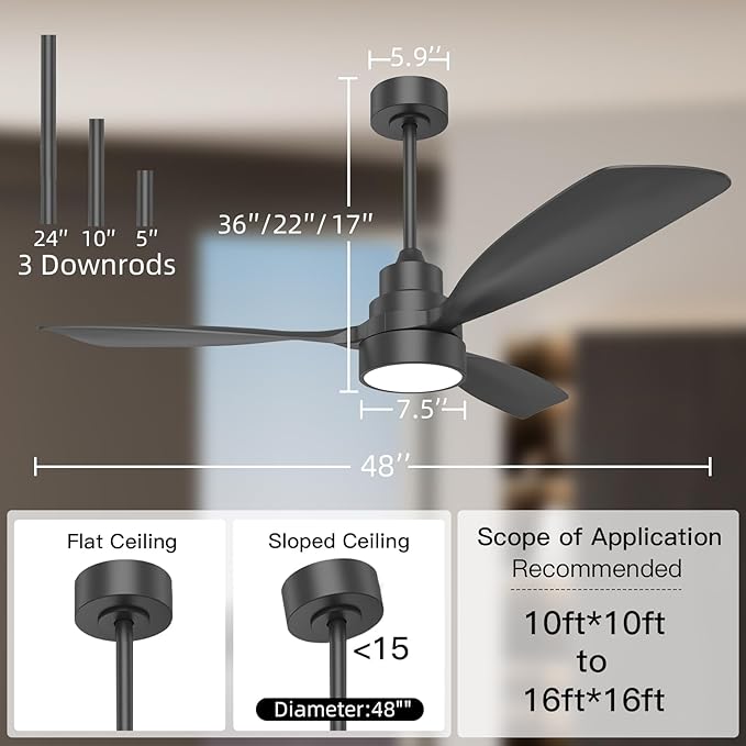CACI Mall 48 inch Smart Ceiling Fans with Lights, Black, Low Profile, Modern, 3 Blades, Solid Wood, Remote Control, Work with Alexa/Google, Outdoor Indoor Ceiling Fans for Patio Living Room Bedroom