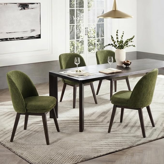 Wooden Dining Chairs Set of 2, Fabric Upholstered Modern Dining Room Chairs with Double-Layer Thick Seat Cushion & Ergonomic Backrest for Restaurant, Kitchen and Café, Green