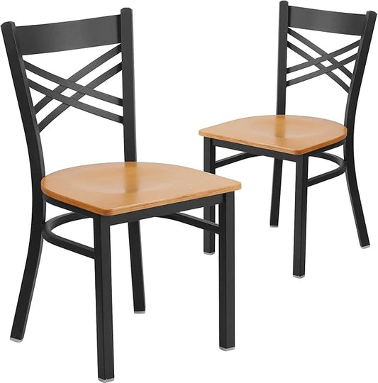 Flash Furniture 2 Pack HERCULES Series Black ''X'' Back Metal Restaurant Chair - Natural Wood Seat