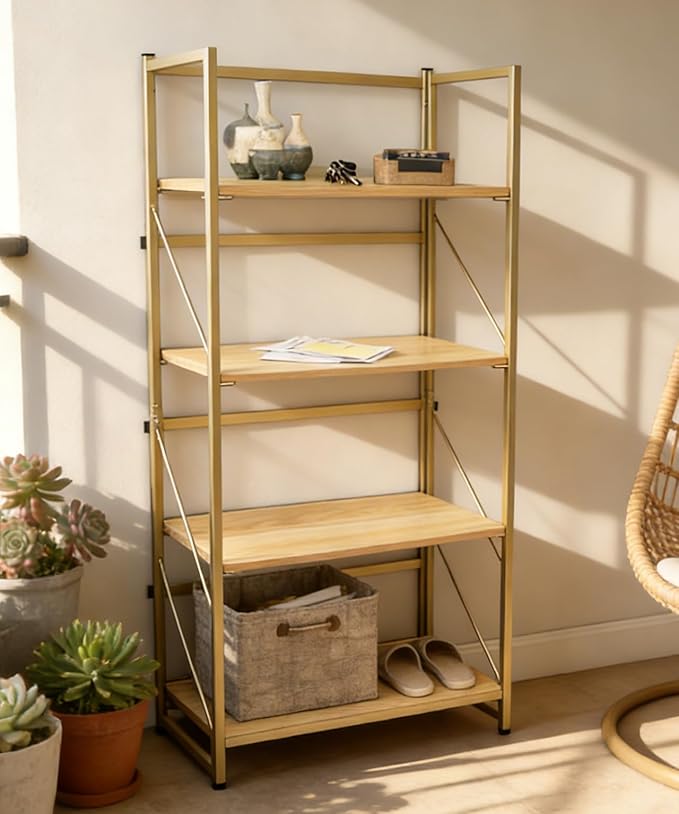 Folding Bookshelf,Multifunctional Foldable Plant Stand Storage Rack Shelves for Home Office, Easy Assembly, 4-Tier,Gold & Nature Wood