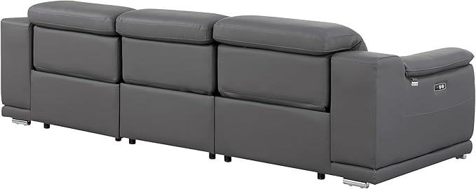 BlackJack Furniture Venice Top Grain Italian Leather Power Recline 3 Piece Sofa - 107" Theater Seating Modern Couch for Living Room Apartment Home with Adjustable Headrests & USB Port, Dark Grey
