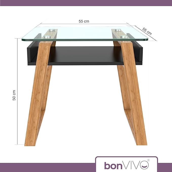 bonVIVO Pablo Black Side Table – Square Wooden Coffee Table with Glass Top, Stylish Living Room Table, Small Bedside Table, Modern End Table for Sofa, Bedroom or Lounge Décor