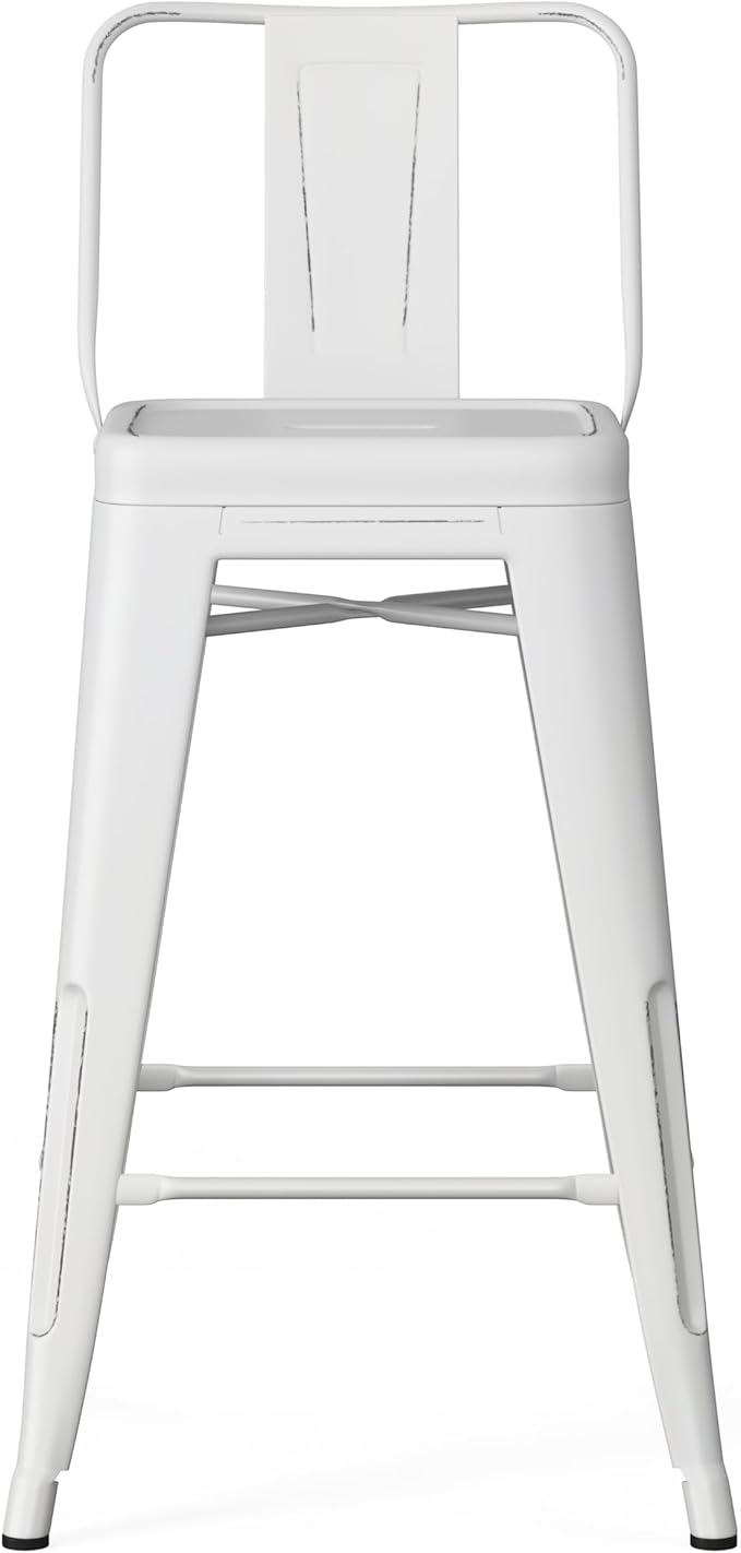 SIMPLIHOME Rayne Counter Stools (Set of 2) - 24 Inch Seat Height Metal Kitchen Seats in Distressed White, Industrial Seating for Dining Room or Kitchen with Curved Backrest and Footrest