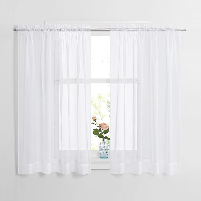 NICETOWN White 60" Width, 45" Length, Small Window Soft Sheer Curtains Rod Pocket Design for Office & Nursery Room, Set of 2