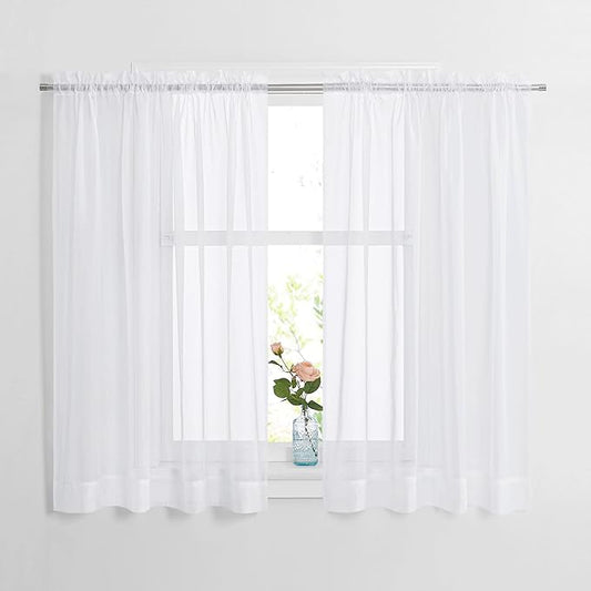 NICETOWN White 60" Width, 45" Length, Small Window Soft Sheer Curtains Rod Pocket Design for Office & Nursery Room, Set of 2