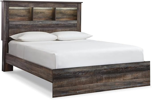 Signature Design by Ashley Drystan Rustic Queen Bookcase Bed with Open Cubbies and LED Lights, Foundation or Box Spring Needed, Dark Brown & Gray
