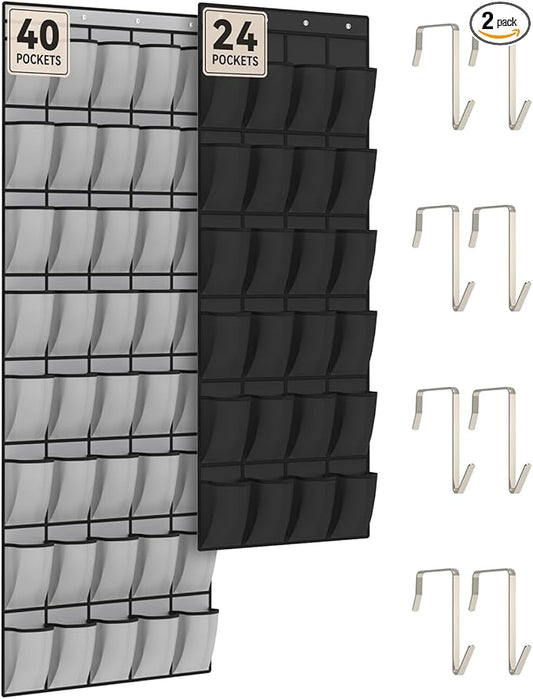 dodowin Over the Door Shoe Organizers, 2 Pack (Black 24-Pocket & Grey 40-Pocket) - Hanging Shoe Rack with 4 Metal Hooks, Space Saving Foldable Storage for Closet Door