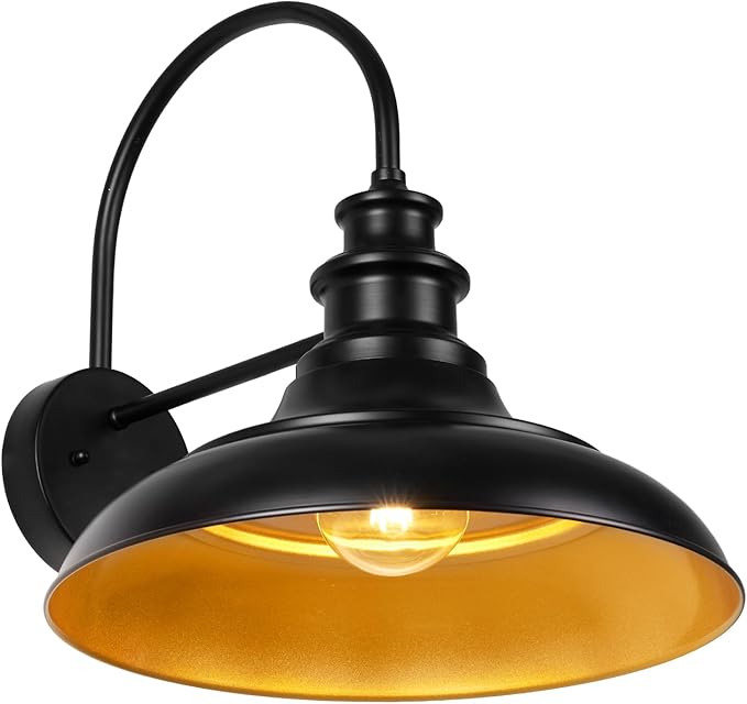Outdoor Barn Light Fixture, 16 Inch Large Dome Farmhouse Exterior Wall Mount Light, Rustic Wall Sconce Indoor Wall Lighting Fixture, Industrial Black Gold Lantern for Porch, 1 Pack