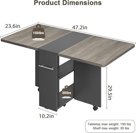 GarveeHome Folding Dining Table, Space Saving Farmhouse Dining Table for 4 Storage Shelf, 6 Wheels Multipose Expandable Kitchen Drop Leaf Table for Small Spac
