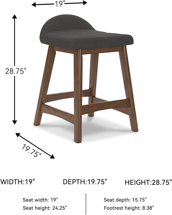 Signature Design by Ashley Lyncott Casual Counter Height Upholstered Bar Stool with Foam Cushion, 2 Count, 24.25" Seat Height, Wood Frame, Charcoal & Brown