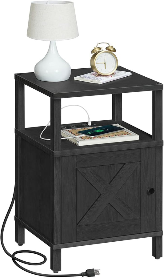 Farmhouse Nightstand with Charging Station, Black Bedside Table with USB&Type-C Ports and Outlets, End Table with Storage, Night Stand for Bedroom, Black ETBK96E01