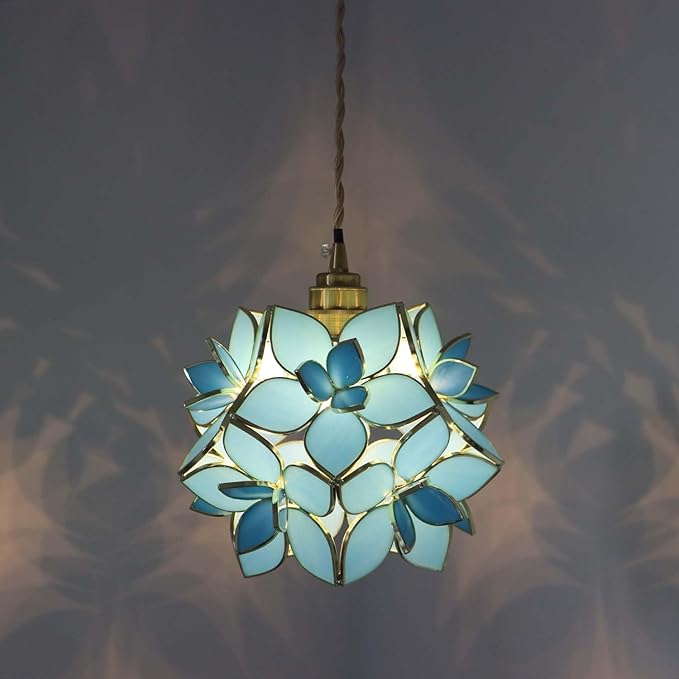 Bieye L11023 Petals Tiffany Style Stained Glass Ceiling Pendant Light for Home Decoration (Sky Blue, 8" Rose Lily)