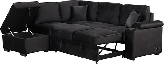 ERYE 84-Inch Left Facing Corner Sleeper Sectional Sofa with Pull Out Sleeper Couch Bed and Storage Ottoman,L-Shaped Corner Convertible Sofa Bed W/Cupholder & Padded Armrests | USB Charging Ports, 3-pin Plug Socket