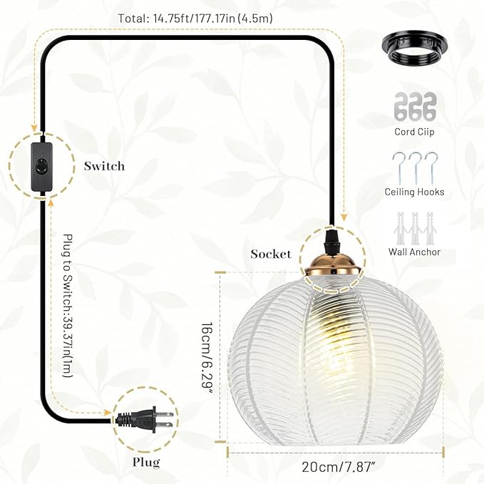 Plug in Pendant Light, Hanging Lights with Plug in Cord On/Off Switch, 14.75ft Plug in Hanging lamp Modern Pendant Light Clear Glass Globe Pendant Lighting for Kitchen Island Bedroom Dining Room