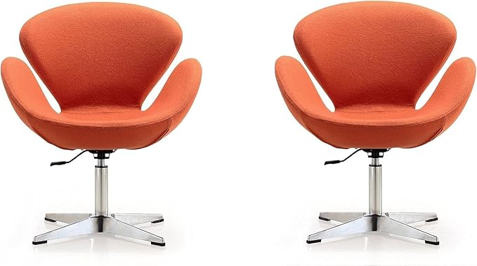 Manhattan Comfort Raspberry Adjustable Swivel Accent Chair Set of 2 with 360° Turn, Polished Chrome Base, Modern Retro Design, Ideal for Living Room and Home Office, Orange Wool Blend