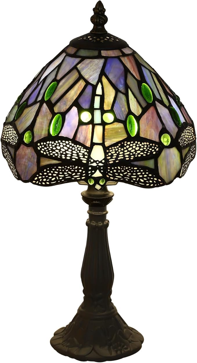 Tiffany Small Table Lamp Blue Dragonfly Hand-Made Stained Glass Table Lamps for Bedroom 8.5X8.5X15 Inch Night Light Bedside Nightstand Home Office Desk Lamp W/ E12 LED Bulb