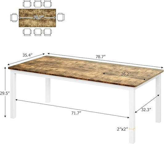 79 in Dining Table for 6, Farmhouse Wooden Kitchen Tables for Family, Rectangular Industrial Style Dining Room Table with Sturdy Metal Frame, Long Desk for Restaurant, Kitchen, Office,Retro Brown 2