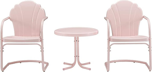 Crosley Furniture Tulip 3-Piece Outdoor Chair and Side Table Set, Retro Metal Patio Conversation Sets, Pink