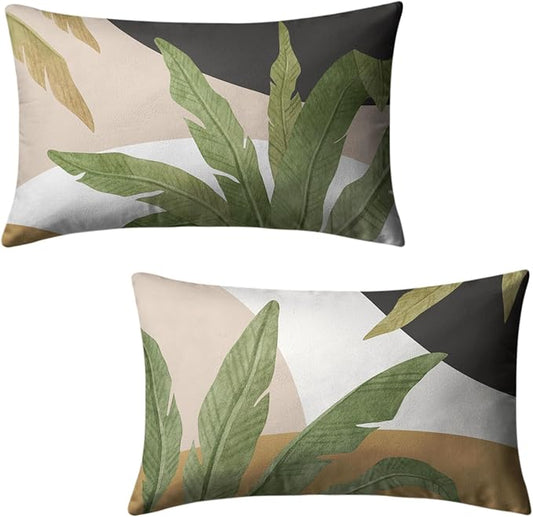 Spring Summer Green Tropical Lumbar Pillow Covers 12x20 Set of 2 Palm Leaf Throw Pillow Covers Brown and White Black Decorative Pillowcase Modern Home Decor for Bed Sofa