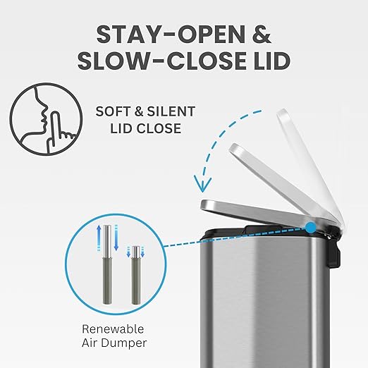 iTouchless SoftStep 13.2 Gallon Step Kitchen Trash Can with Lid and Odor Filter, 50 Liter Trashcan for Home Office Garage Bedroom Bathroom Living Room Silent Lid Close Stainless Steel Slim Wastebasket