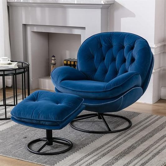 Velvet Swivel Accent Chair with Ottoman Set, Modern Lounge Chair with Metal Base Frame & Footrest, Comfortable Single Leisure Sofa Chair Reading Chair with 360 Degree Swiveling for Living Room, Blue