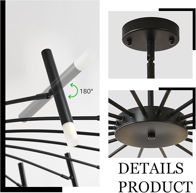 NILSE LED 18-Light Black Modern Sputnik Chandelier with G9 Bulbs, 53 Inch Large Mid Century Light Fixture Dimmable Lighting for Dining Room Foyer Farmhouse Bedroom Living Room