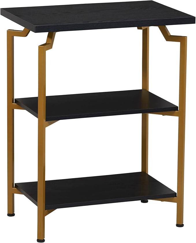 Household Essentials Crown Narrow 3 Shelf Open Storage Bookshelf Black Oak Wood Grain and Gold Metal