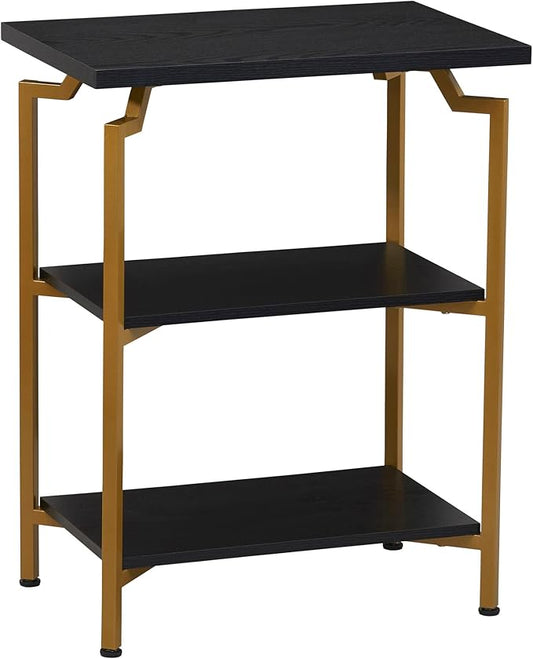 Household Essentials Crown Narrow 3 Shelf Open Storage Bookshelf Black Oak Wood Grain and Gold Metal
