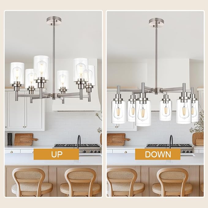 VINLUZ 6 Light Contemporary Chandelier Brushed Nickel Modern Pendant Lighting Cylinder Clear Glass Shaded Classic Ceiling Light Fixtures for Living Room Dining Room Kitchen