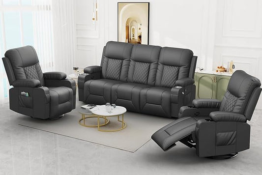 FURNIMAT Recliner Sofa Set with 3+1+1 Pieces in Living Room, 3 Seater Reclining Sofa, 2 Recliner Chair with 360 Degree Swivel Single Sofa Seat