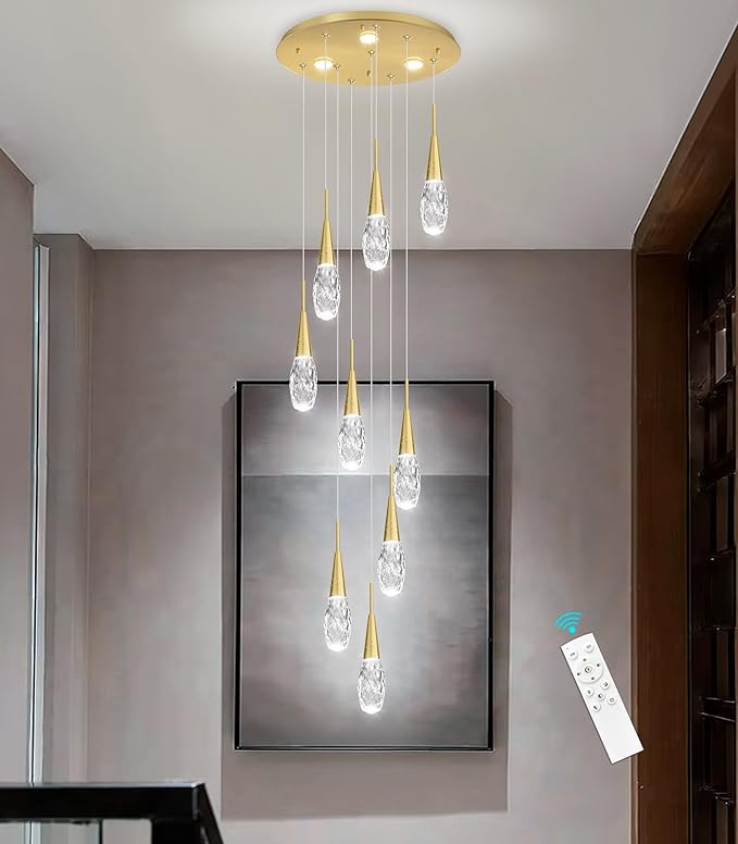 118 Inches Long Chandelier Adjustable Hanging Lights Modern Glam Crystal Ceiling Pendant Dimmable Lighting Fixture for Hallway Foyer Living Room Antique Gold